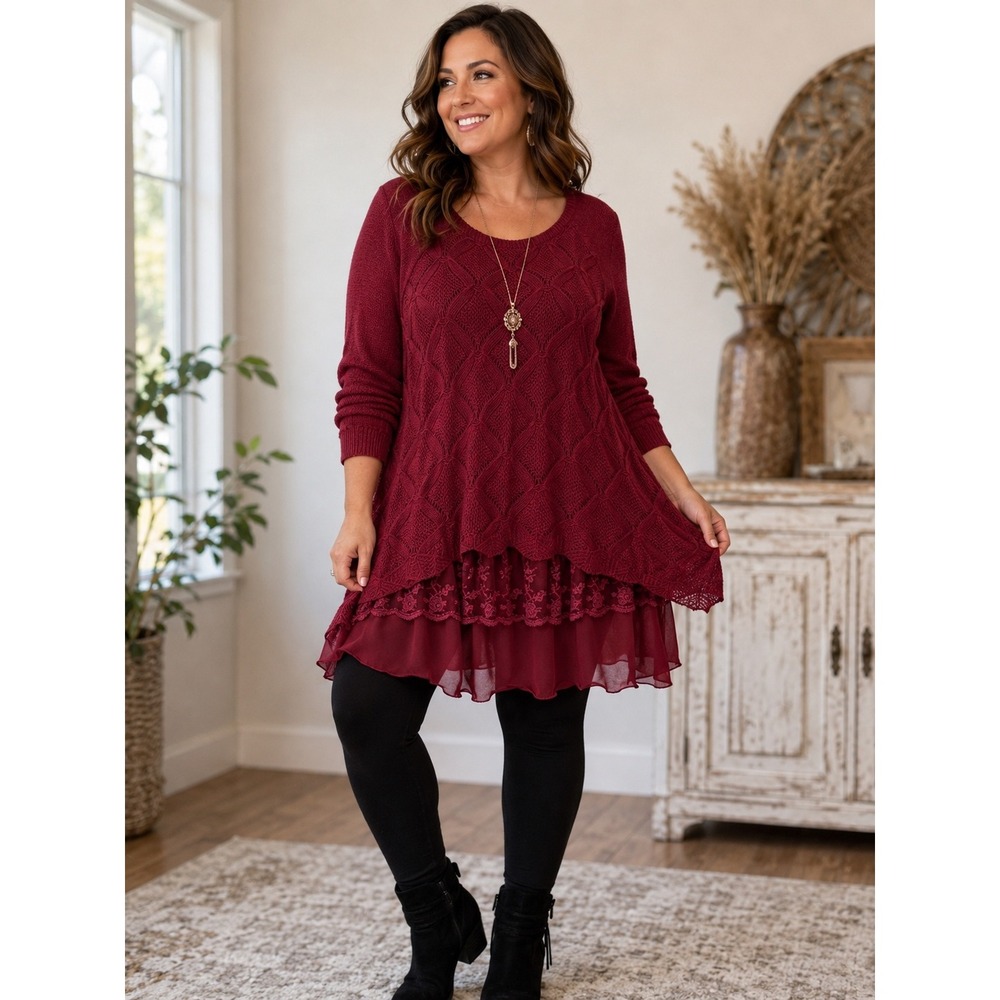 Simply Couture NWT Boho Layered Lace Knit Tunic Sweater Purplish Red XL